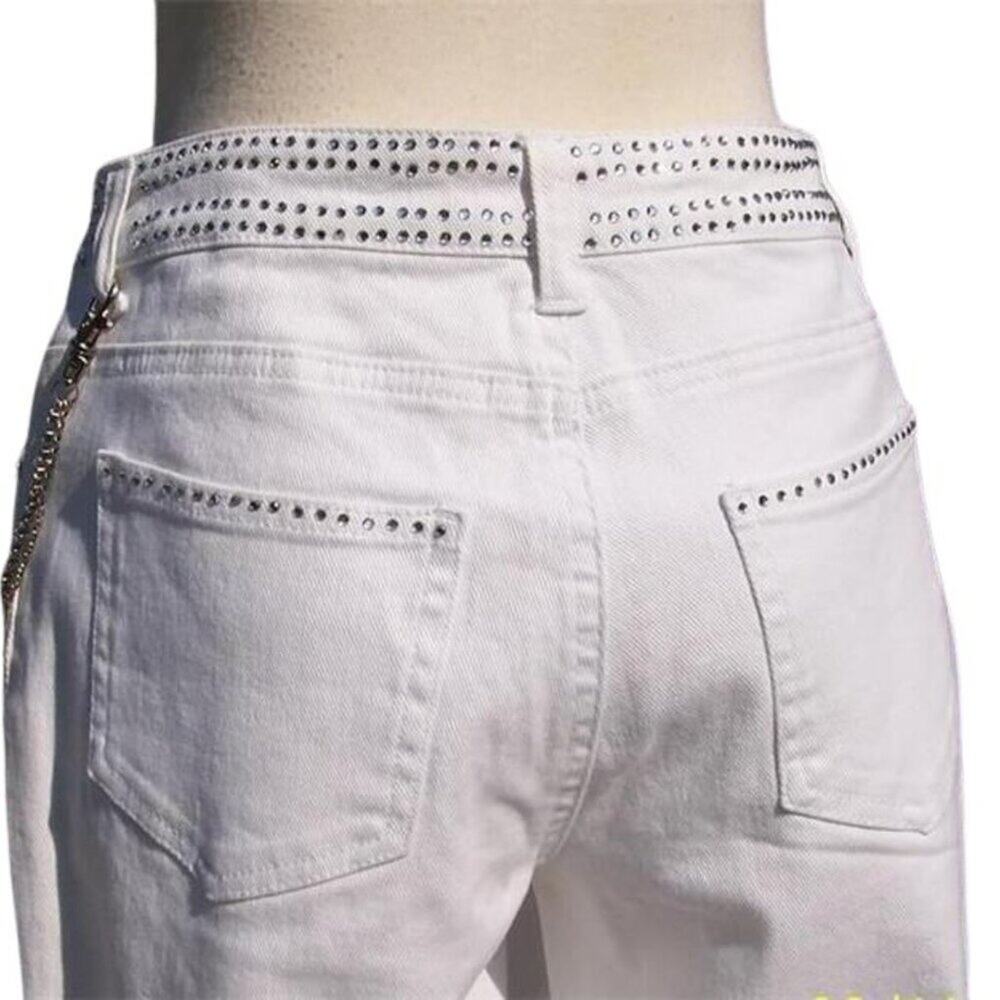 Cache White Denim Embellished Flare Jean Pant Rhinestone Chain Belt New $168 NWT - Picture 5 of 8